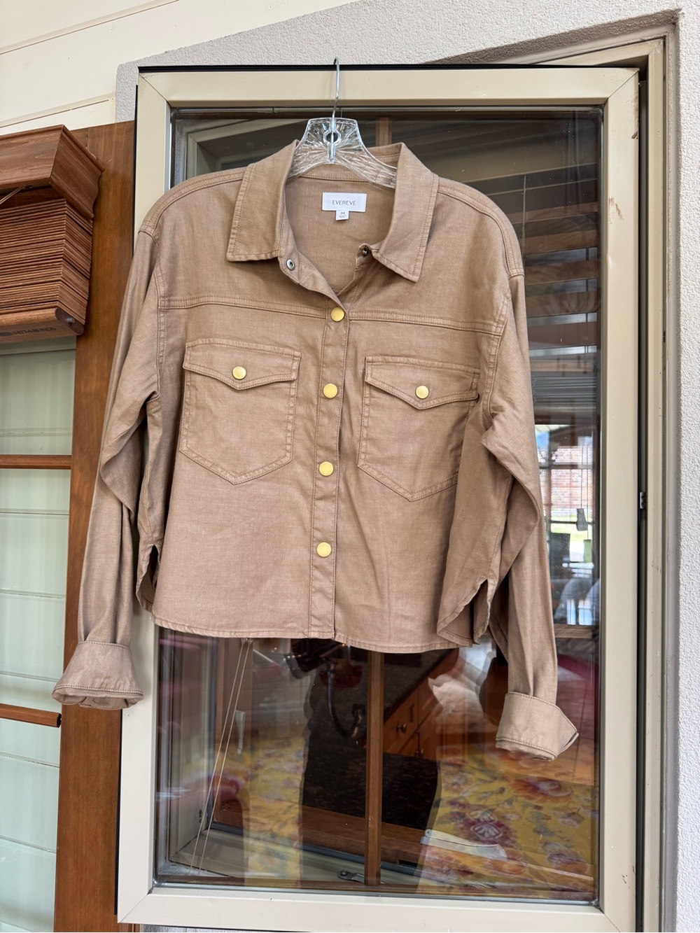 Evereve Cropped Tan Utility Jacket with Gold-Tone Snaps